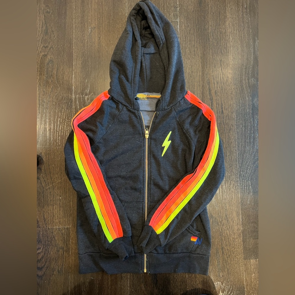 Aviator Nation Women’s XS Zip Up Hoodie Sweatshirt Dark Grey with Neon stripes